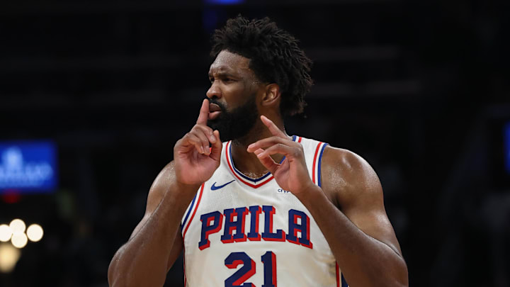 May 2, 2026; Boston, Massachusetts, USA; Philadelphia 76ers center Joel Embiid (21) silences the crowd after making a shot against the Boston Celtics during the second quarter of game seven of the first round of the 2026 NBA Playoffs at TD Garden. 