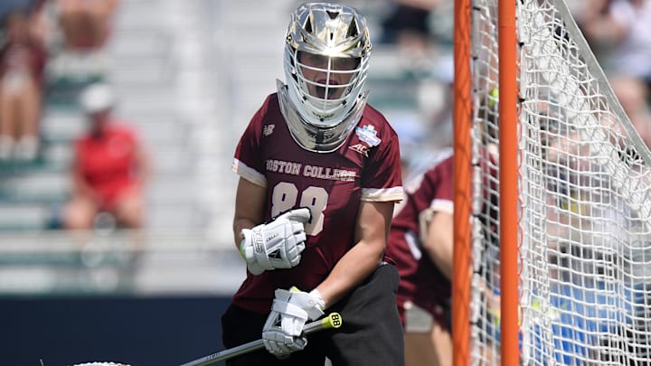 May 26, 2024; Cary, NC, USA;  Boston College Eagles goalkeeper Shea Dolce reacts to making a save against the Northwestern Wildcats during the Div. I NCAA women’s lacrosse national championship at WakeMed Soccer Park. Mandatory Credit: Jeffrey Camarati-Imagn Images