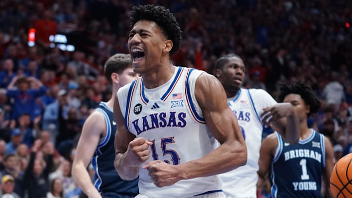 Kansas Jayhawks forward Bryson Tiller (15) reacts after scoring against BYU Cougars during the game inside Allen Fieldhouse on Jan. 31, 2026. Kansas Jayhawks forward Bryson Tiller (15) reacts after scoring against BYU Cougars during the game inside Allen Fieldhouse on Jan. 31, 2026.