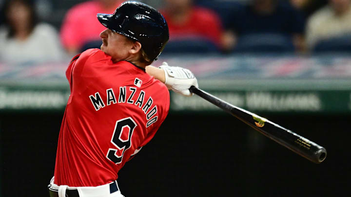 Sep 16, 2024; Cleveland, Ohio, USA; Cleveland Guardians designated hitter Kyle Manzardo (9) hits a two-run home run during the eighth inning against the Minnesota Twins at Progressive Field. Mandatory Credit: Ken Blaze-Imagn Images Sep 16, 2024; Cleveland, Ohio, USA; Cleveland Guardians designated hitter Kyle Manzardo (9) hits a two-run home run during the eighth inning against the Minnesota Twins at Progressive Field. Mandatory Credit: Ken Blaze-Imagn Images