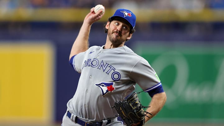 Sep 23, 2023; St. Petersburg, Florida, USA; Toronto Blue Jays relief pitcher Jordan Romano (68) throws a pitch against the Tampa Bay Rays in the ninth inning at Tropicana Field.