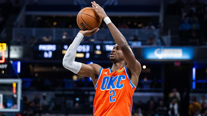 Dec 26, 2024; Indianapolis, Indiana, USA; Oklahoma City Thunder guard Shai Gilgeous-Alexander (2) shoots the ball in the second half against the Indiana Pacers at Gainbridge Fieldhouse. Mandatory Credit: Trevor Ruszkowski-Imagn Images