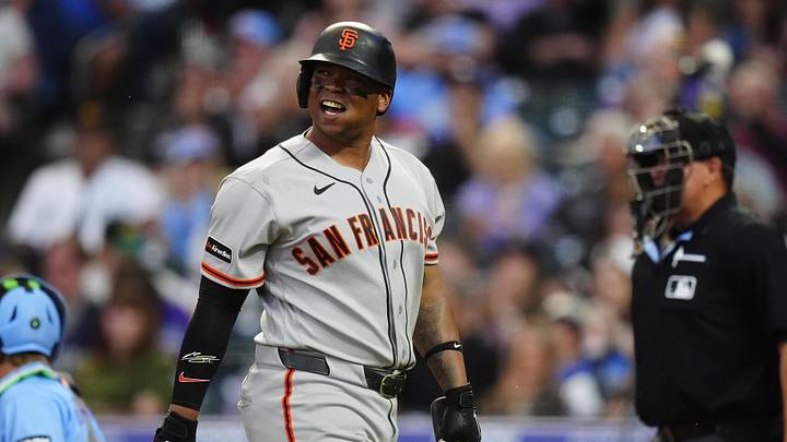 May 29, 2026; Denver, Colorado, USA; San Francisco Giants first baseman Rafael Devers (16) reacts to striking out the reacts inning against the Colorado Rockies at Coors Field. Mandatory Credit: Ron Chenoy-Imagn Images