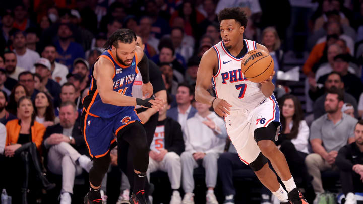 Apr 30, 2024; New York, New York, USA; Philadelphia 76ers guard Kyle Lowry (7) brings the ball up court against New York Knicks guard Jalen Brunson (11) during the first quarter of game 5 of the first round of the 2024 NBA playoffs at Madison Square Garden. Mandatory Credit: Brad Penner-USA TODAY Sports