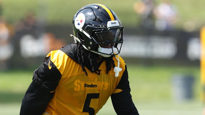 Jul 24, 2025; Latrobe, PA, USA;  Pittsburgh Steelers cornerback Jalen Ramsey (5) participates in drills during training camp at Saint Vincent College. Mandatory Credit: Charles LeClaire-Imagn Images