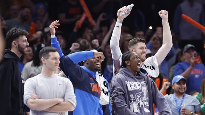 Feb 1, 2025; Oklahoma City, Oklahoma, USA; The Oklahoma City Thunder bench celebrates a basket by Oklahoma City Thunder guard Aaron Wiggins during the second half at Paycom Center. Mandatory Credit: Alonzo Adams-Imagn Images Feb 1, 2025; Oklahoma City, Oklahoma, USA; The Oklahoma City Thunder bench celebrates a basket by Oklahoma City Thunder guard Aaron Wiggins during the second half at Paycom Center. Mandatory Credit: Alonzo Adams-Imagn Images