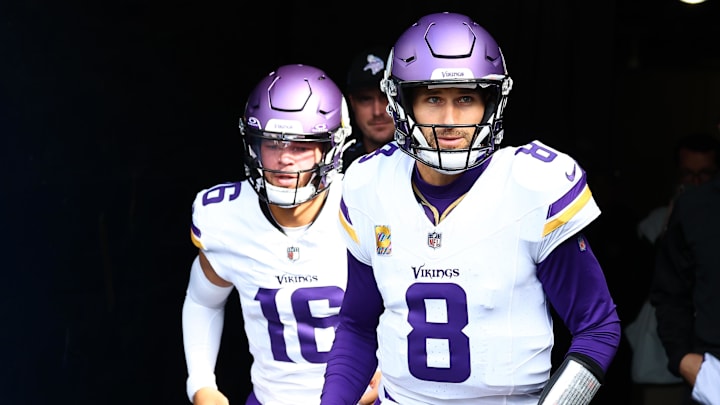 Oct 15, 2023; Chicago, Illinois, USA; Minnesota Vikings quarterback Kirk Cousins (8) takes the field