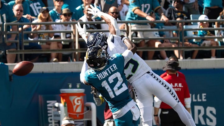 Seattle Seahawks cornerback Josh Jobe (29) breaks up a touchdown pass intended for Jacksonville Jaguars wide receiver Travis Hunter (12) during the third quarter in an NFL football game at EverBank Stadium, Sunday, Oct. 12, 2025, in Jacksonville, Fla. Seattle Seahawks cornerback Josh Jobe (29) breaks up a touchdown pass intended for Jacksonville Jaguars wide receiver Travis Hunter (12) during the third quarter in an NFL football game at EverBank Stadium, Sunday, Oct. 12, 2025, in Jacksonville, Fla.