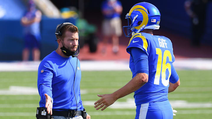 Sep 27, 2020; Orchard Park, New York, USA; Los Angeles Rams head coach Sean McVay greets quarterback Jared Goff (16) following his touchdown run against the Buffalo Bills during the third quarter at Bills Stadium. Mandatory Credit: Rich Barnes-Imagn Images