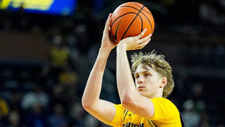 Michigan forward Sam Walters (24) attempts a free throw against Cleveland State during the second half at Crisler Center in Ann Arbor on Monday, Nov. 4, 2024.