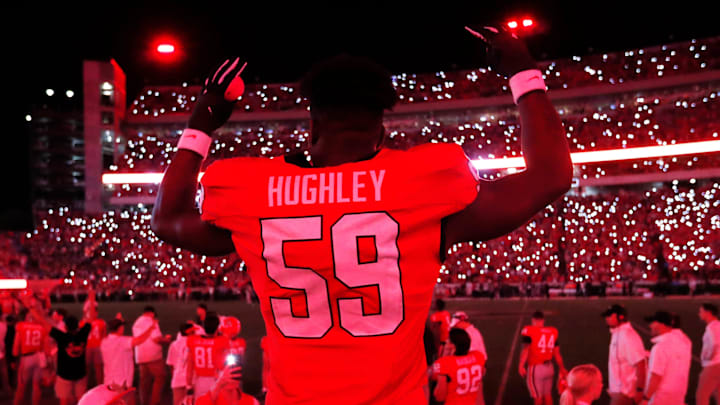 Georgia offensive lineman Bo Hughley (59) celebrates as Sanford Stadium is turned red as the game goes into the fourth during the second half of a NCAA college football game against UAB in Athens, Ga., on Saturday, Sept. 23, 2023. Georgia offensive lineman Bo Hughley (59) celebrates as Sanford Stadium is turned red as the game goes into the fourth during the second half of a NCAA college football game against UAB in Athens, Ga., on Saturday, Sept. 23, 2023.