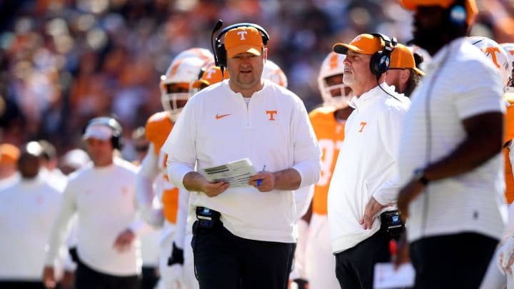 Tennessee head coach Josh Heupel pacing the sideline during the NCAA college football game against Connecticut on Saturday, November 4, 2023 in Knoxville, Tenn.