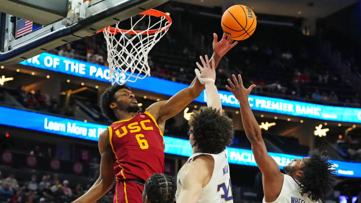 Mar 13, 2024; Las Vegas, NV, USA; USC Trojans guard Bronny James (6) deflects a rebound. Mar 13, 2024; Las Vegas, NV, USA; USC Trojans guard Bronny James (6) deflects a rebound.
