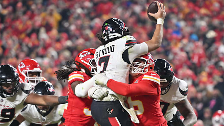 Dec 7, 2025; Kansas City, Missouri, USA; Kansas City Chiefs linebacker Nick Bolton (32) and Kansas City Chiefs defensive end George Karlaftis (56) sack Houston Texans quarterback C.J. Stroud (7) during the fourth quarter at GEHA Field at Arrowhead Stadium. Mandatory Credit: Amy Kontras-Imagn Images Dec 7, 2025; Kansas City, Missouri, USA; Kansas City Chiefs linebacker Nick Bolton (32) and Kansas City Chiefs defensive end George Karlaftis (56) sack Houston Texans quarterback C.J. Stroud (7) during the fourth quarter at GEHA Field at Arrowhead Stadium. Mandatory Credit: Amy Kontras-Imagn Images