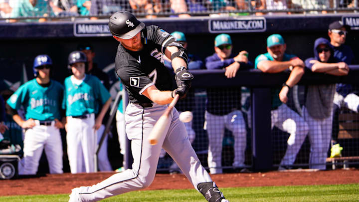 Feb 24, 2026; Peoria, Arizona, USA;  Chicago White Sox catcher Edgar Quero (7) bats during the first inning against the Seattle Mariners in Peoria, Arizona. Mandatory Credit: Arianna Grainey-Imagn Images