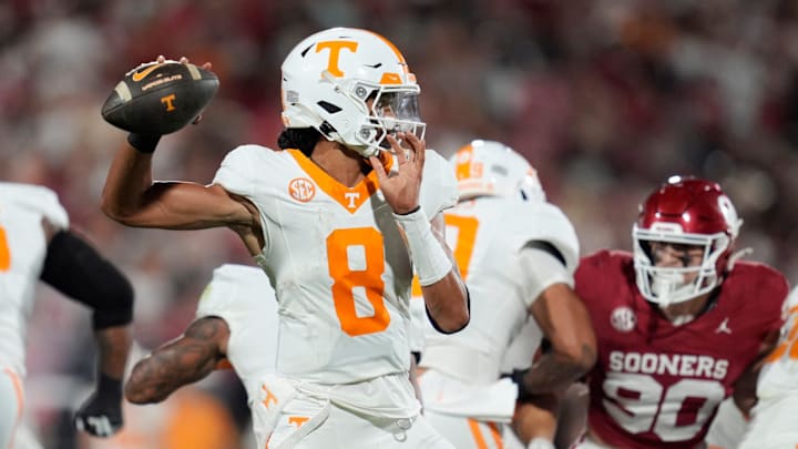 Tennessee Volunteers quarterback Nico Iamaleava (8) drops back to pass during a college football game between the University of Oklahoma Sooners (OU) and the Tennessee Volunteers at Gaylord Family - Oklahoma Memorial Stadium in Norman, Okla., Saturday, Sept. 21, 2024.
