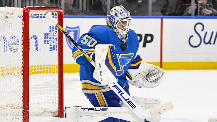 Apr 5, 2025; St. Louis, Missouri, USA; St. Louis Blues goaltender Jordan Binnington (50) defends the net against the Colorado Avalanche during the first period at Enterprise Center. Mandatory Credit: Jeff Curry-Imagn Images Apr 5, 2025; St. Louis, Missouri, USA; St. Louis Blues goaltender Jordan Binnington (50) defends the net against the Colorado Avalanche during the first period at Enterprise Center. Mandatory Credit: Jeff Curry-Imagn Images