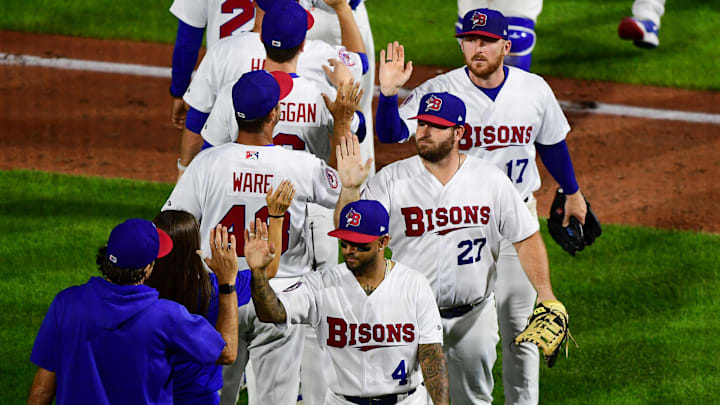 The Buffalo Bisons celebrate an 11-0 win over the Rochester Red Wings Aug. 10, 2021 at Sahlen Field in Buffalo.