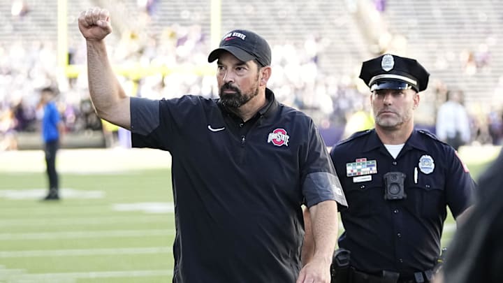 Ohio State Buckeyes head coach Ryan Day leaves the field following the NCAA football game against the Washington Huskies at Husky Stadium in Seattle on Sept. 27, 2025. Ohio State won 24-6.