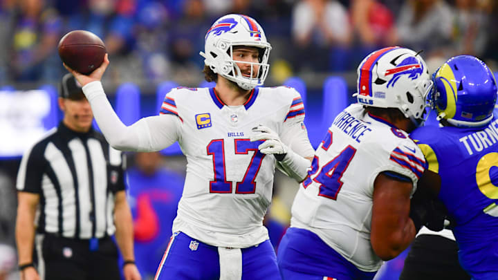Dec 8, 2024; Inglewood, California, USA; Buffalo Bills quarterback Josh Allen (17) throws against the Los Angeles Rams during the second half at SoFi Stadium.