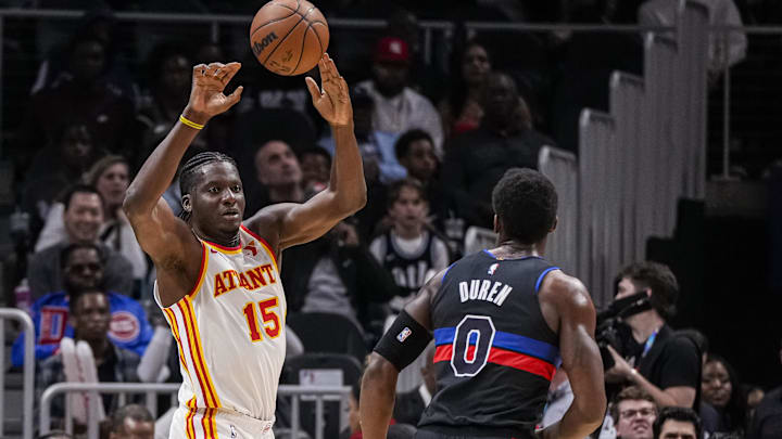 Apr 3, 2024; Atlanta, Georgia, USA; Atlanta Hawks center Clint Capela (15) passes over Detroit