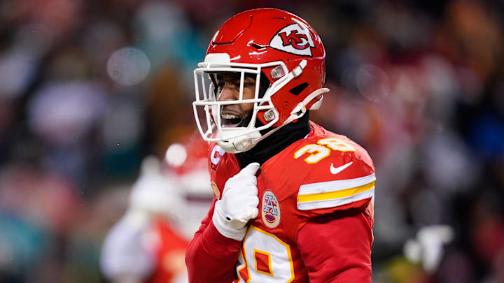 Jan 13, 2024; Kansas City, Missouri, USA; Kansas City Chiefs cornerback L'Jarius Sneed (38) reacts