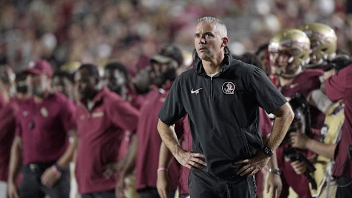 Oct 5, 2024; Tallahassee, Florida, USA; Florida State Seminoles head coach Mike Norvell during the second half against the Clemson Tigers at Doak S. Campbell Stadium. Mandatory Credit: Melina Myers-Imagn Images