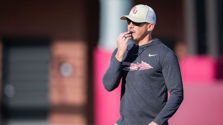 Florida State head coach Mike Norvell leads practice Thursday, April 9, 2026.