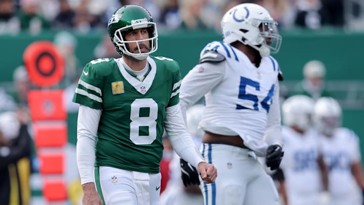 Nov 17, 2024; East Rutherford, New Jersey, USA; New York Jets quarterback Aaron Rodgers (8) reacts after an incomplete pass during the first quarter against the Indianapolis Colts at MetLife Stadium. Nov 17, 2024; East Rutherford, New Jersey, USA; New York Jets quarterback Aaron Rodgers (8) reacts after an incomplete pass during the first quarter against the Indianapolis Colts at MetLife Stadium.