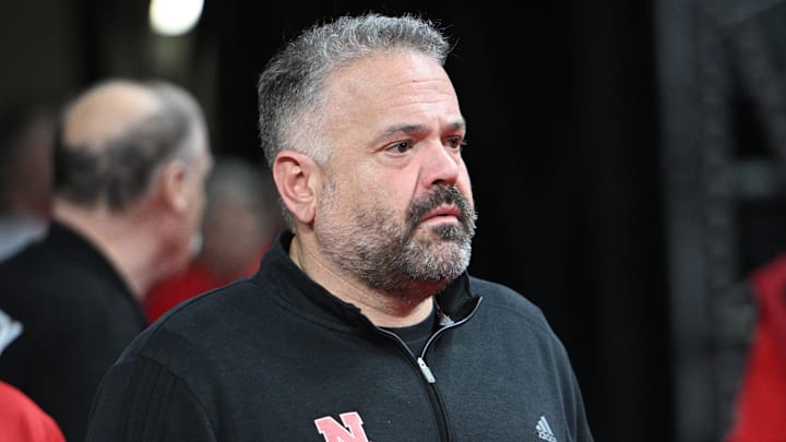Mar 1, 2025; Lincoln, Nebraska, USA;  Nebraska Cornhuskers football coach Matt Rhule watches the game between the Nebraska Cornhuskers and the Minnesota Golden Gophers during the first half at Pinnacle Bank Arena. 
