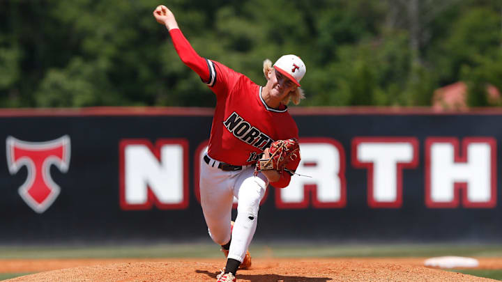 North Oconee's Bubba Chandler throws a pitch during game one of a GHSA AAAA semifinal between Benedictine and North Oconee in Bogart, Ga., on Saturday, May 15, 2021. Benedictine defeated North Oconee twice in a doubleheader and advances to the state championship game. North Oconee's Bubba Chandler throws a pitch during game one of a GHSA AAAA semifinal between Benedictine and North Oconee in Bogart, Ga., on Saturday, May 15, 2021. Benedictine defeated North Oconee twice in a doubleheader and advances to the state championship game.