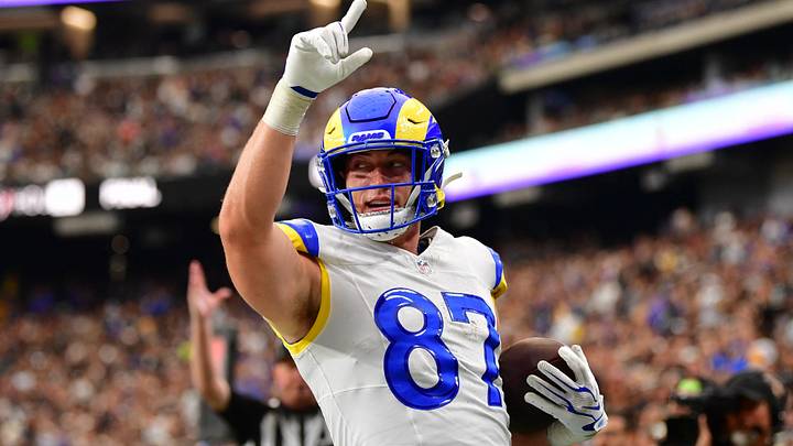 Oct 25, 2026; Paradise, Nevada, USA; Los Angeles Rams tight end Davis Allen (87) reacts after making a touchdown in the first half at Allegiant Stadium. Oct 25, 2026; Paradise, Nevada, USA; Los Angeles Rams tight end Davis Allen (87) reacts after making a touchdown in the first half at Allegiant Stadium.