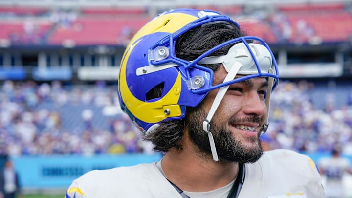 Los Angeles Rams wide receiver Puka Nacua (12) grins broadly after defeating the Tennessee Titans 33-19 at Nissan Stadium in Nashville, Tenn., Sunday, Sept. 14, 2025.