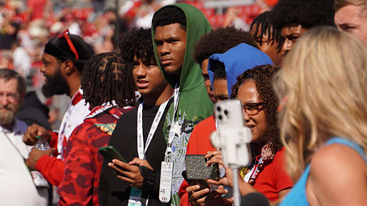 Oct 5, 2024; Columbus, OH, USA; Class of 2026 Fort Wayne, Indiana wide receivers Jaidon VanPelt and Jerquaden Guilford visit the field ahead of Ohio State's 35-7 win over the Iowa Hawkeyes after the NCAA football game at Ohio Stadium.