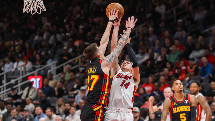 Apr 9, 2024; Atlanta, Georgia, USA; Atlanta Hawks guard Vit Krejci (27) defends the shot; Credit: Brett Davis-USA TODAY Sports