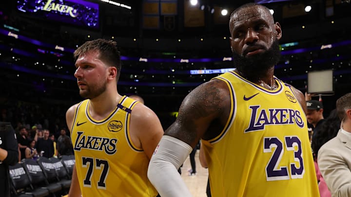 Apr 22, 2025; Los Angeles, California, USA; Los Angeles Lakers guard Luka Doncic (77) and Los Angeles Lakers forward LeBron James (23) leave a court after defeating the Minnesota Timberwolves 94-85 in game two of first round for the 2024 NBA Playoffs at Crypto.com Arena. Mandatory Credit: Kiyoshi Mio-Imagn Images Apr 22, 2025; Los Angeles, California, USA; Los Angeles Lakers guard Luka Doncic (77) and Los Angeles Lakers forward LeBron James (23) leave a court after defeating the Minnesota Timberwolves 94-85 in game two of first round for the 2024 NBA Playoffs at Crypto.com Arena. Mandatory Credit: Kiyoshi Mio-Imagn Images