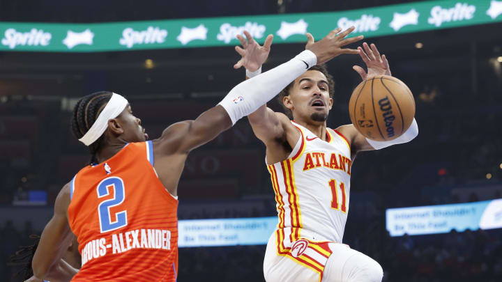 Nov 6, 2023; Oklahoma City, Oklahoma, USA; Oklahoma City Thunder guard Shai Gilgeous-Alexander (2) defends Atlanta Hawks guard Trae Young (11) as he looses control of the ball during the first quarter at Paycom Center. Mandatory Credit: Alonzo Adams-USA TODAY Sports