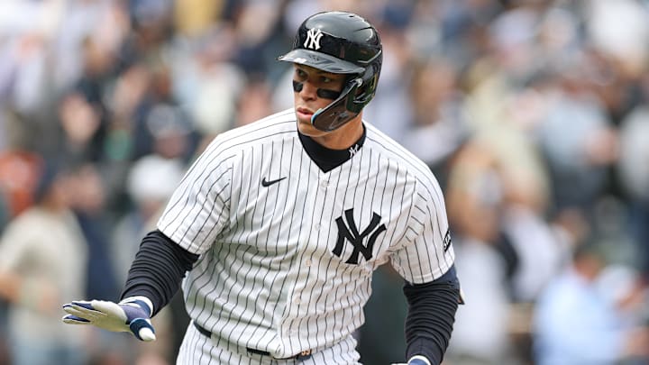 Apr 3, 2026; Bronx, New York, USA; New York Yankees right fielder Aaron Judge (99) reacts after hitting a two run home run during the first inning against the Miami Marlins at Yankee Stadium. Mandatory Credit: Vincent Carchietta-Imagn Images