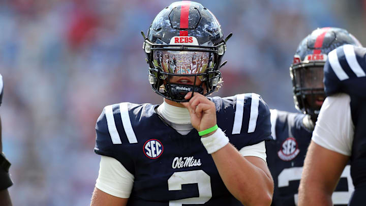 Oct 26, 2024; Oxford, Mississippi, USA; Mississippi Rebels quarterback Jaxson Dart (2) looks on during the second half against the Oklahoma Sooners at Vaught-Hemingway Stadium. Mandatory Credit: Petre Thomas-Imagn Images