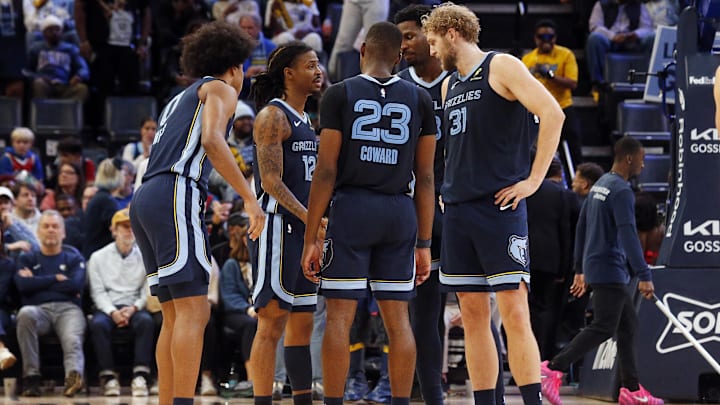 Nov 3, 2025; Memphis, Tennessee, USA; Memphis Grizzlies forward Jaylen Wells (0), guard Ja Morant (12), forward Cedric Coward (23), forward/center Jaren Jackson Jr. (8), and center Jock Landale (31) huddle during a timeout during the fourth quarter against the Detroit Pistons at FedExForum. Mandatory Credit: Petre Thomas-Imagn Images