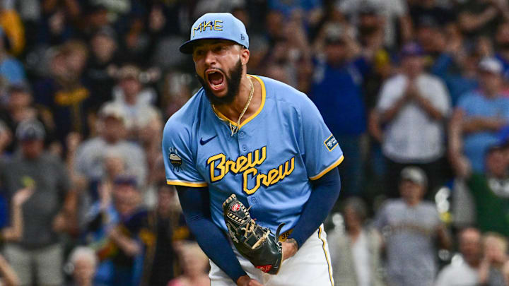 Sep 22, 2024; Milwaukee, Wisconsin, USA; Milwaukee Brewers pitcher Devin Williams (38) reacts after picking up a save in the ninth inning against the Arizona Diamondbacks at American Family Field. Mandatory Credit: Benny Sieu-Imagn Images