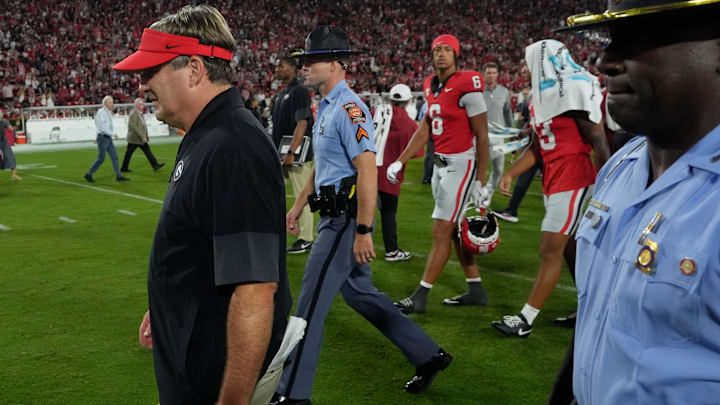Georgia Bulldogs coach Kirby Smart reacts while leaving the field after a NCAA college football game against Alabama in Athens, Ga., on Saturday, September 27, 2025. Alabama won 21-24.