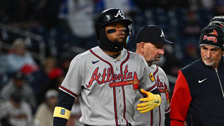 Apr 20, 2026; Washington, District of Columbia, USA; Atlanta Braves right fielder Ronald Acuña Jr. (13) reacts after being hit by a pitch against the Washington Nationals during the sixth inning at Nationals Park. Mandatory Credit: Brad Mills-Imagn Images Apr 20, 2026; Washington, District of Columbia, USA; Atlanta Braves right fielder Ronald Acuña Jr. (13) reacts after being hit by a pitch against the Washington Nationals during the sixth inning at Nationals Park. Mandatory Credit: Brad Mills-Imagn Images