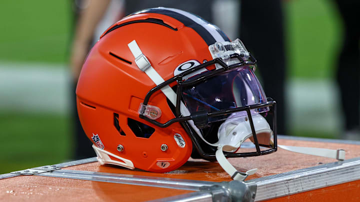 Aug 12, 2022; Jacksonville, Florida, USA; a Cleveland Browns helmet sits on the sidelines during a game against the Jacksonville Jaguars in preseason at TIAA Bank Field. Mandatory Credit: Nathan Ray Seebeck-Imagn Images