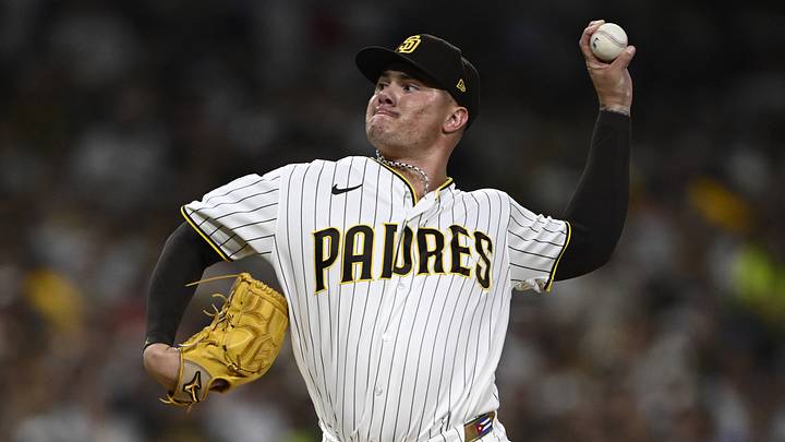 Sep 30, 2026; San Diego, California, USA;  San Diego Padres pitcher Adrian Morejon (50) delivers a pitch in th seventh inning against the Chicago Cubs during game two of the Wildcard round for the 2026 MLB Playoffs at Petco Park.  Mandatory Credit: Denis Poroy-Imagn Images