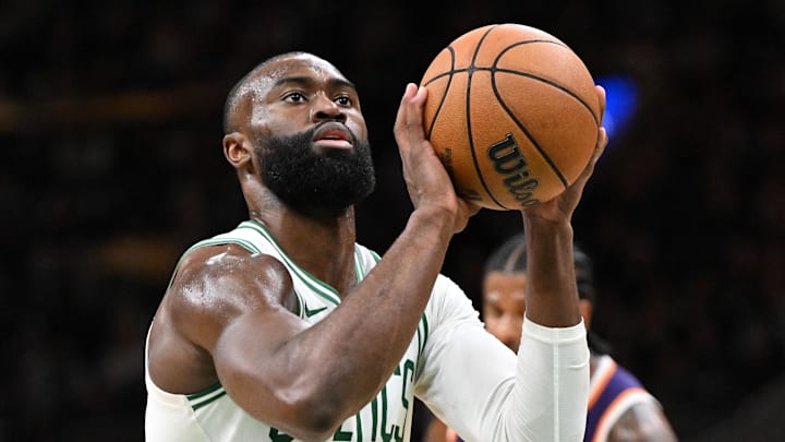 Mar 16, 2026; Boston, Massachusetts, USA; Boston Celtics guard Jaylen Brown (7) attempts a free throw against the Phoenix Suns during the second half at the TD Garden. Mandatory Credit: Brian Fluharty-Imagn Images