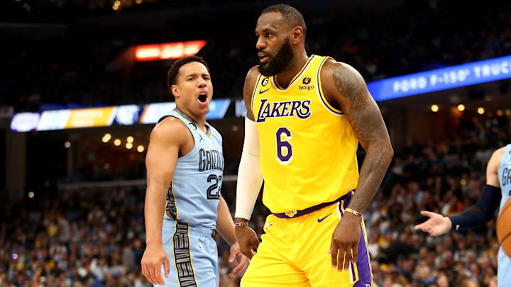 Apr 26, 2023; Memphis, Tennessee, USA; Memphis Grizzlies guard Desmond Bane (22) and Los Angeles