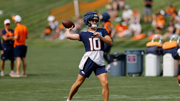 Jul 26, 2024; Englewood, CO, USA; Denver Broncos quarterback Bo Nix (10) during training camp at Broncos Park Powered by CommonSpirit. Mandatory Credit: Isaiah J. Downing-USA TODAY Sports
