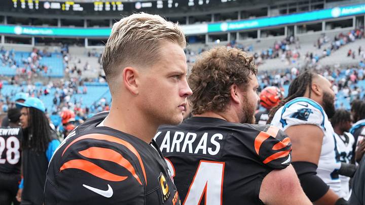 Sep 29, 2024; Charlotte, North Carolina, USA; Cincinnati Bengals quarterback Joe Burrow (9) after the game at Bank of America Stadium. Mandatory Credit: Bob Donnan-Imagn Images Sep 29, 2024; Charlotte, North Carolina, USA; Cincinnati Bengals quarterback Joe Burrow (9) after the game at Bank of America Stadium. Mandatory Credit: Bob Donnan-Imagn Images