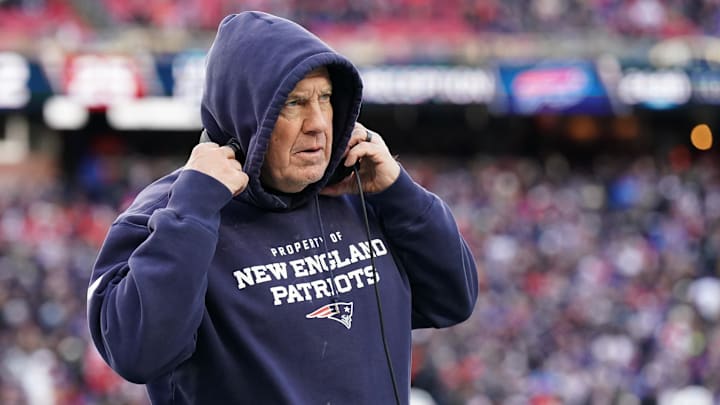 New England Patriots head coach Bill Belichick watches from the sideline.